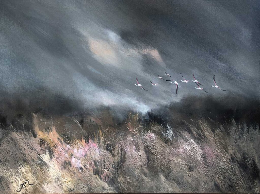 flamingos flying over fynbos artwork by Joni-Leigh Doran