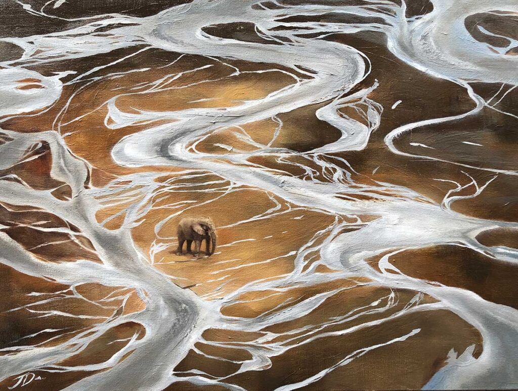 elephant in river bed artwork by Joni-Leigh Doran of Scott Ramsay photo