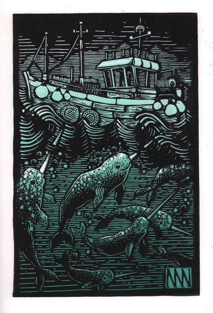 Narwhal linocut entry into Wildlife Artist of the Year 2020