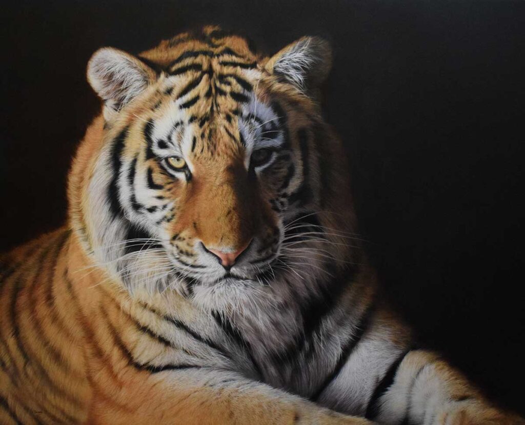 Tiger oil on wood entry in Wildlife Artist of the Year 2020
