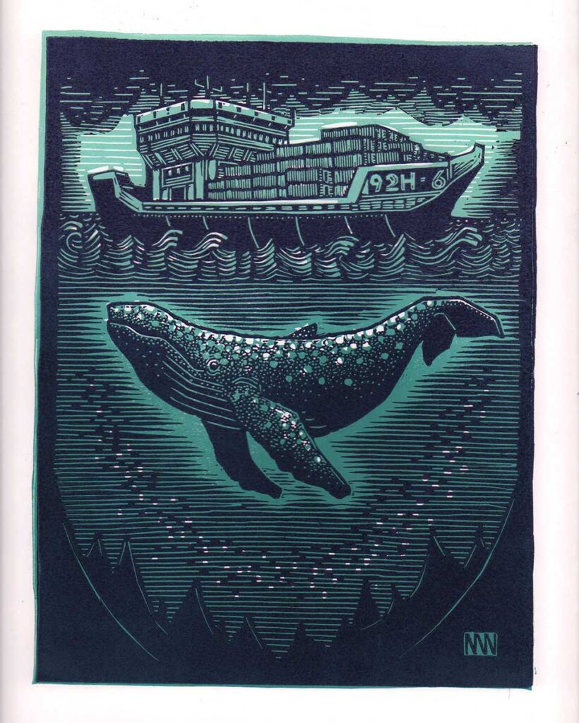 Whale linocut entry into Wildlife Artist of the Year 2020